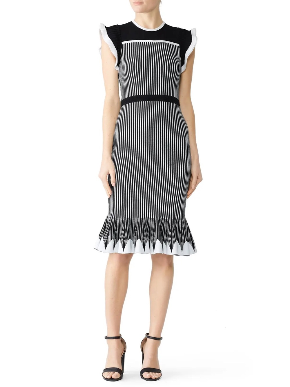 Shoshanna Sinead Knit Dress Black Ivory Stripe Ruffle Sleeve Size Small